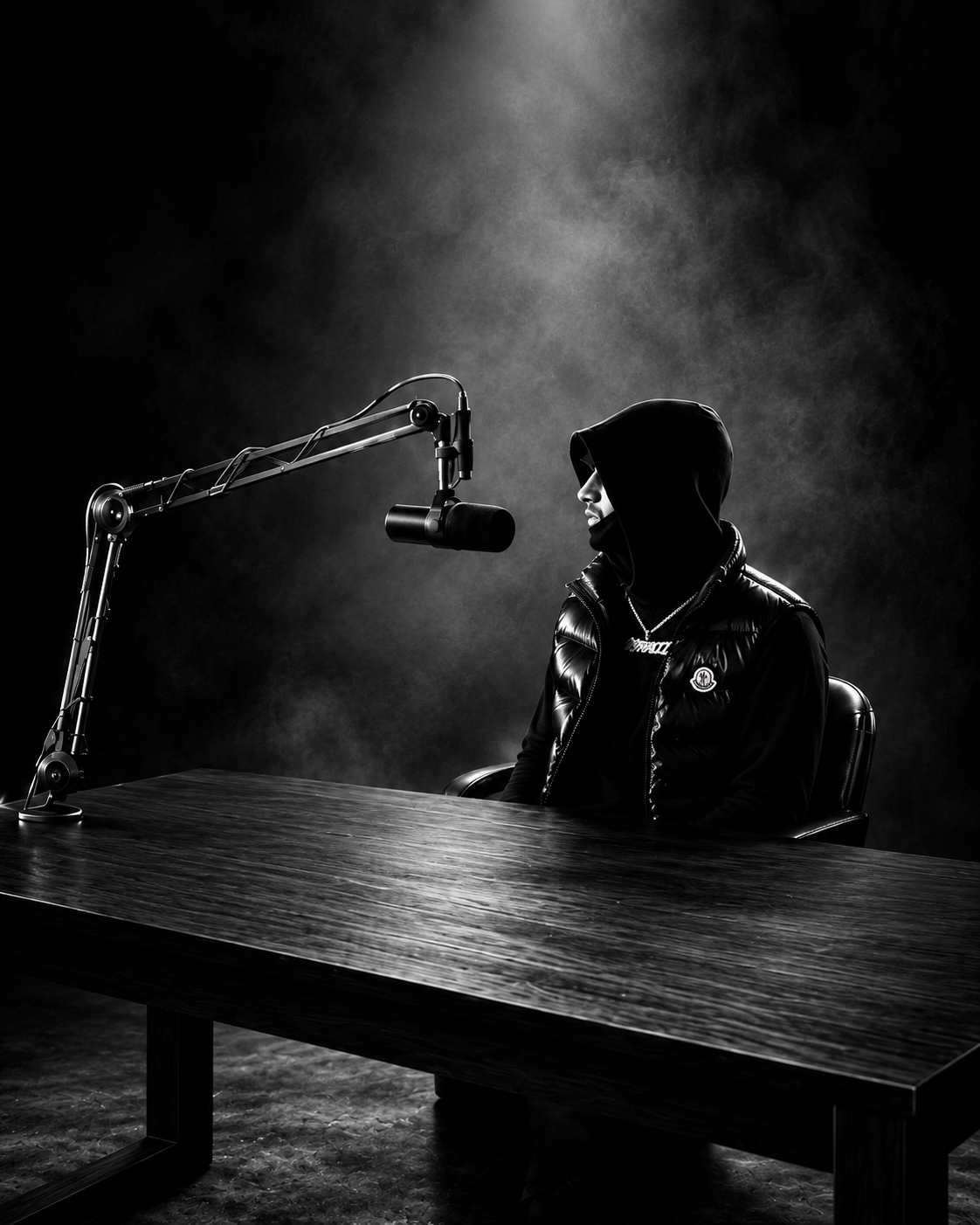 Monochrome portrait artwork of Elicit Abandz seated at a microphone beneath a spotlight, without title lettering